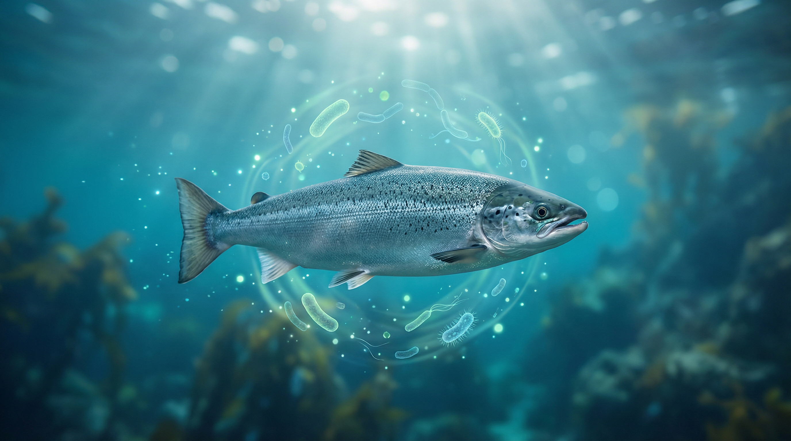 Atlantic salmon with microscopic microbiome visualization
