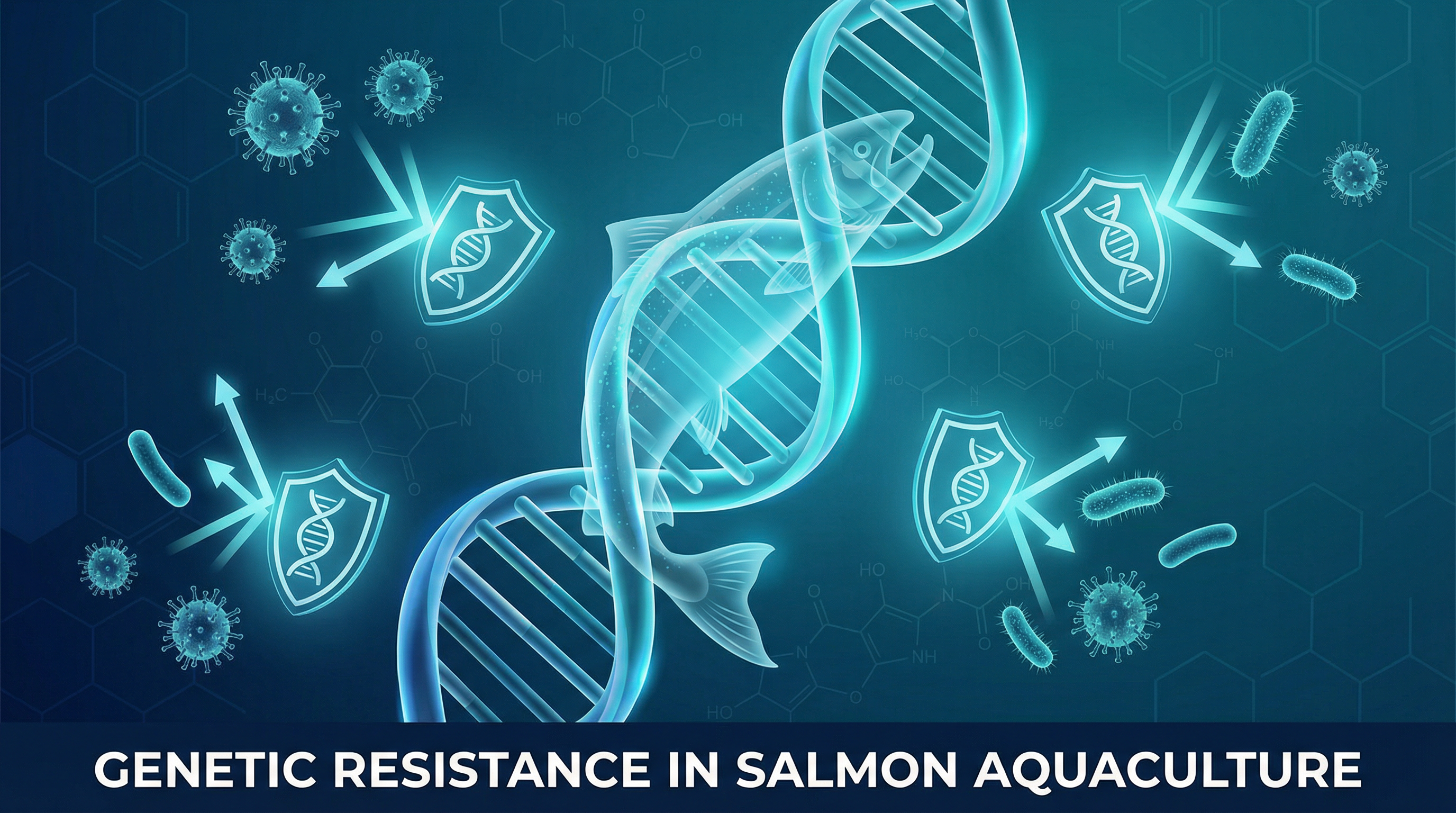 DNA helix with fish silhouette and pathogen shields